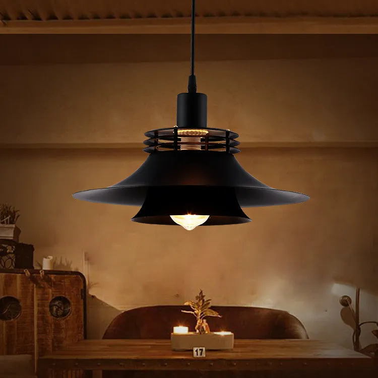 1 Bulb 2-Layer Wide Flare Pendant Countryside Black Iron Ceiling Light for Restaurant, 12.5"/14" Wide