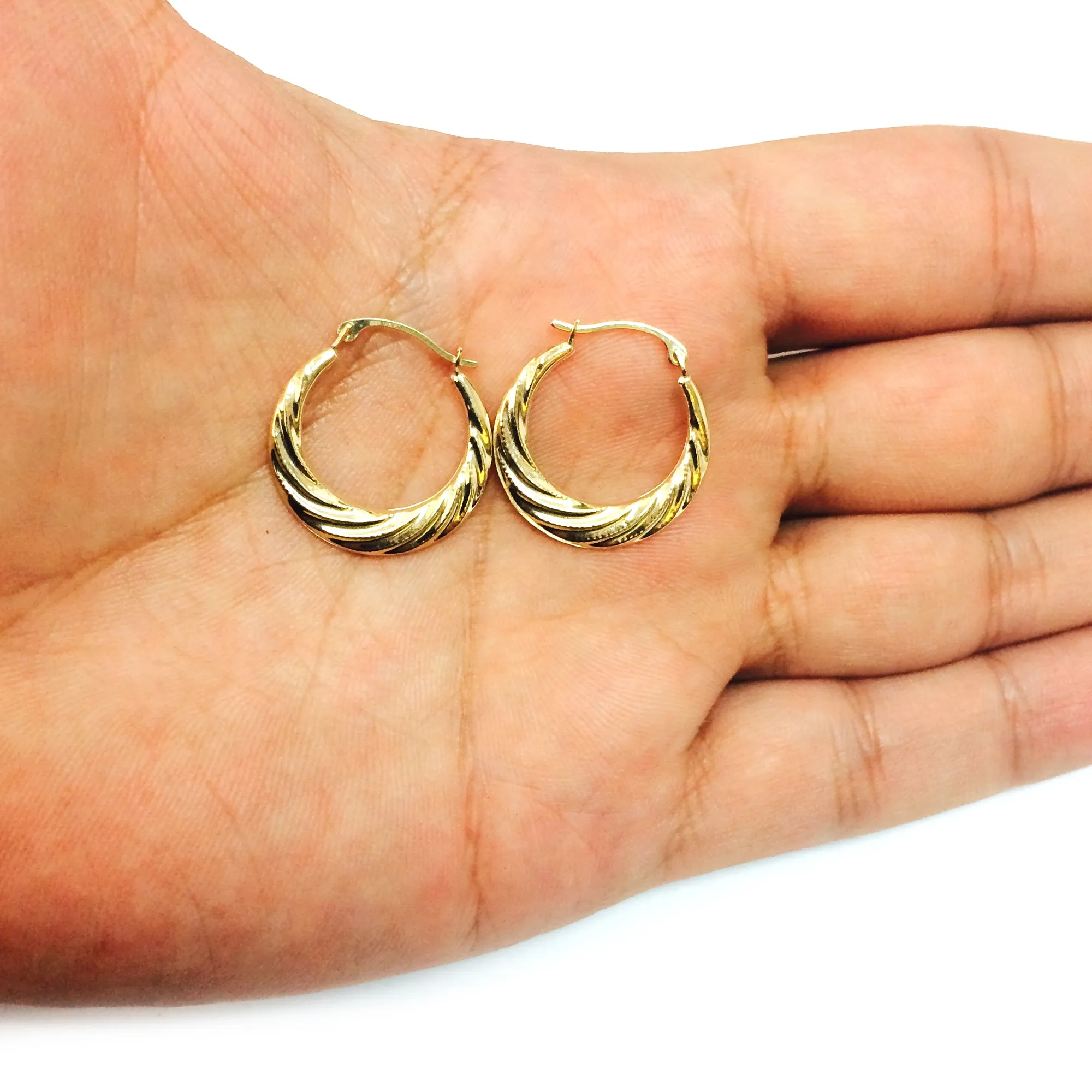 10k Yellow Gold Swirl Textured Graduated Round Hoop Earrings, Diameter 20mm