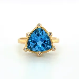 14K Swiss Blue Topaz Trillion Cut and Diamond Ring