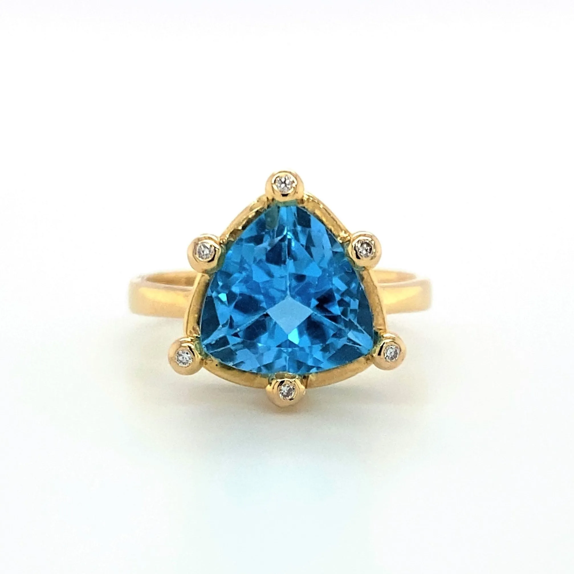 14K Swiss Blue Topaz Trillion Cut and Diamond Ring