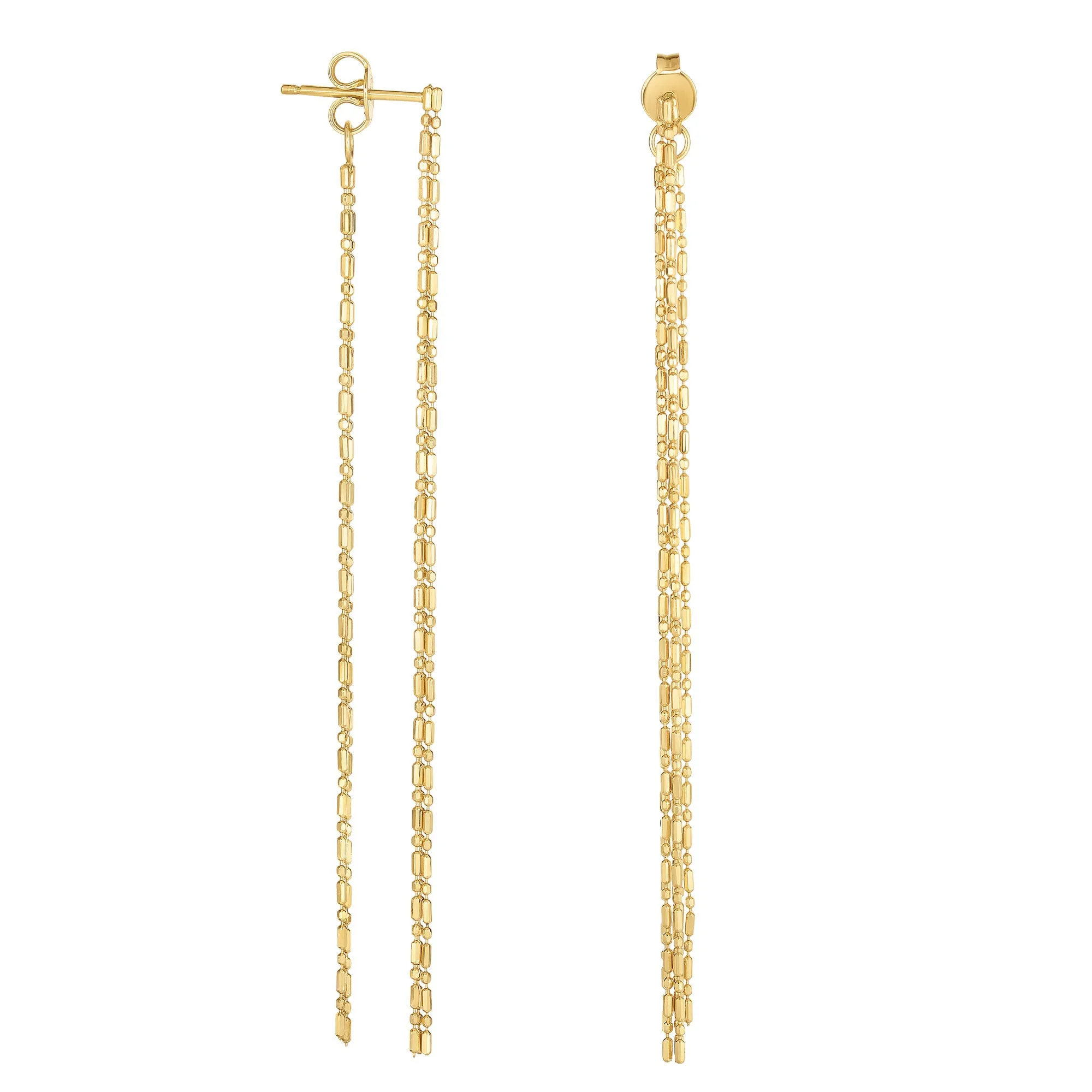 14K Yellow Gold Diamond Cut Bead Chain Front And Back Style Drop Earrings