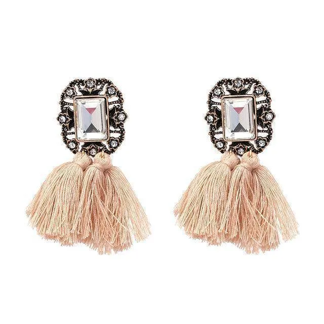 16 Colors, Crystal Square Tassel Stud Fringe Earrings