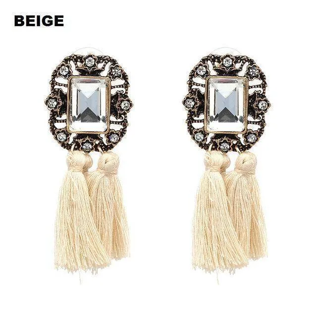 16 Colors, Crystal Square Tassel Stud Fringe Earrings