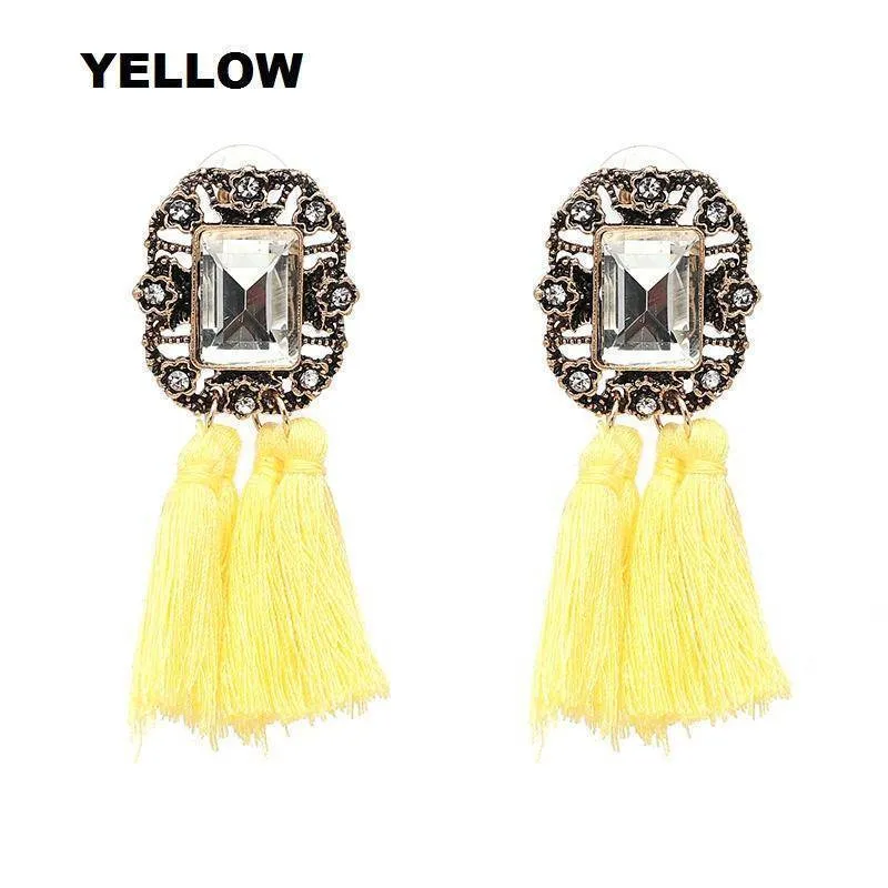 16 Colors, Crystal Square Tassel Stud Fringe Earrings