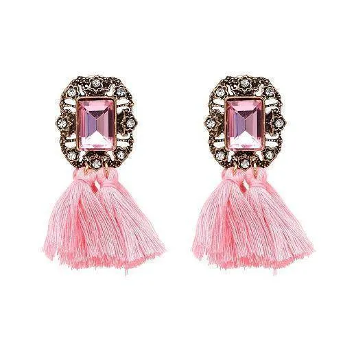 16 Colors, Crystal Square Tassel Stud Fringe Earrings