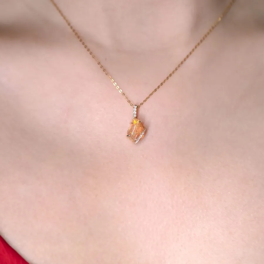 1.75 ct Mexican Fire Opal & Diamond Pendant Necklace 18K Yellow Gold