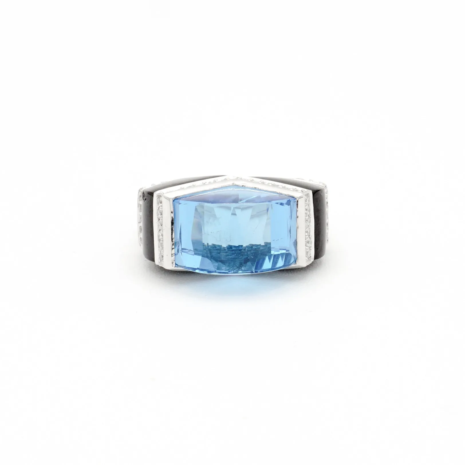 18k White Gold Gold Blue Topaz and Onyx & Diamond Ring