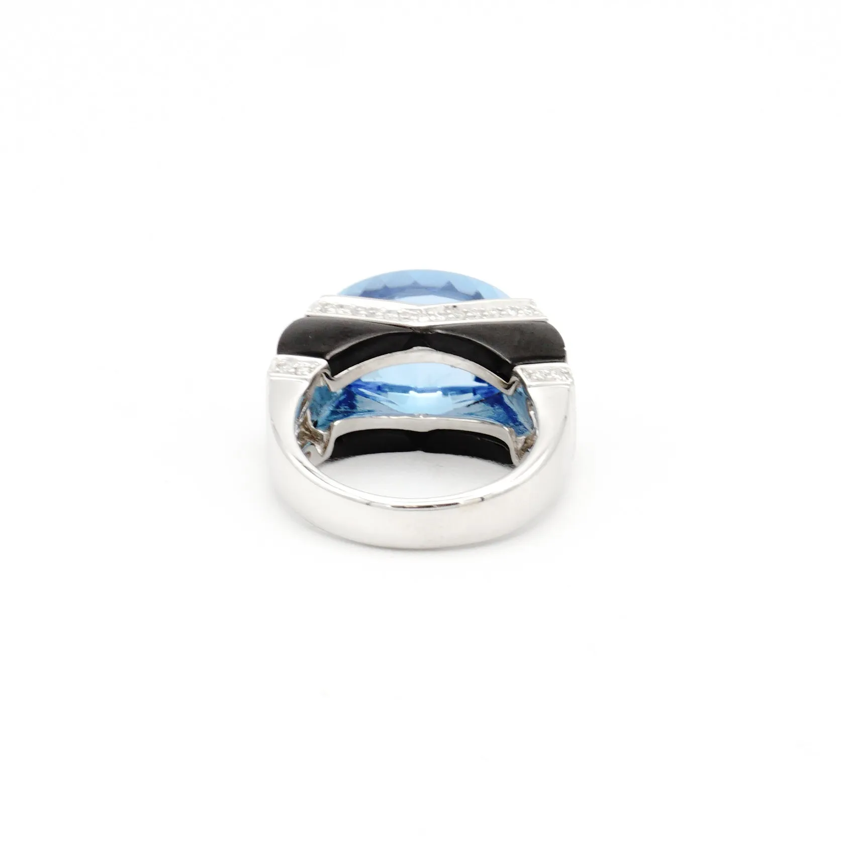 18k White Gold Gold Blue Topaz and Onyx & Diamond Ring