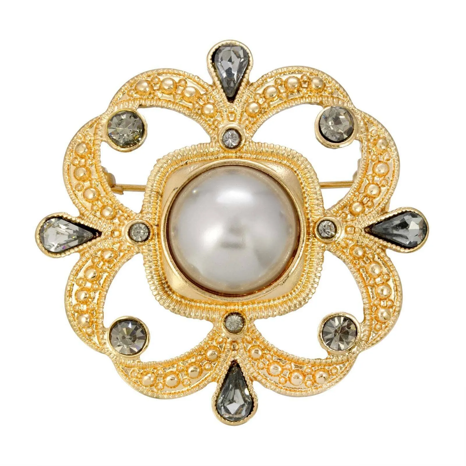 1928 Jewelry Grey Faux Pearl With Black Diamond Accent Pin