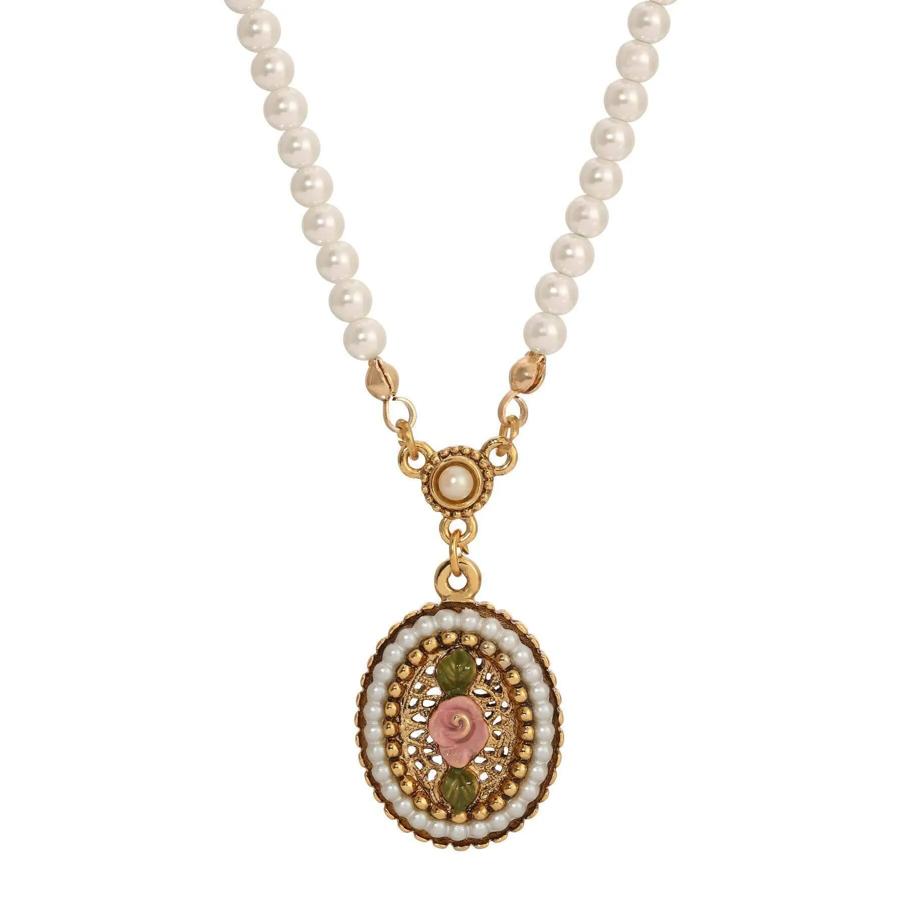 1928 Jewelry Pearly Eden 4mm Faux Pearl Strand Pink Rose Enamel Pendant Necklace 14"   3" Extender