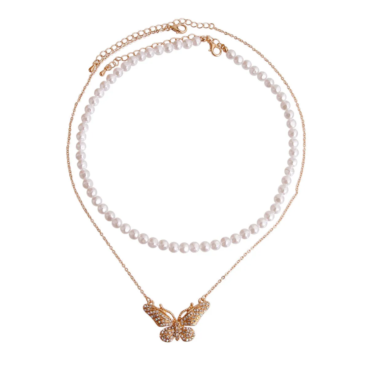 2 Pcs Gold Pearl Butterfly Necklace