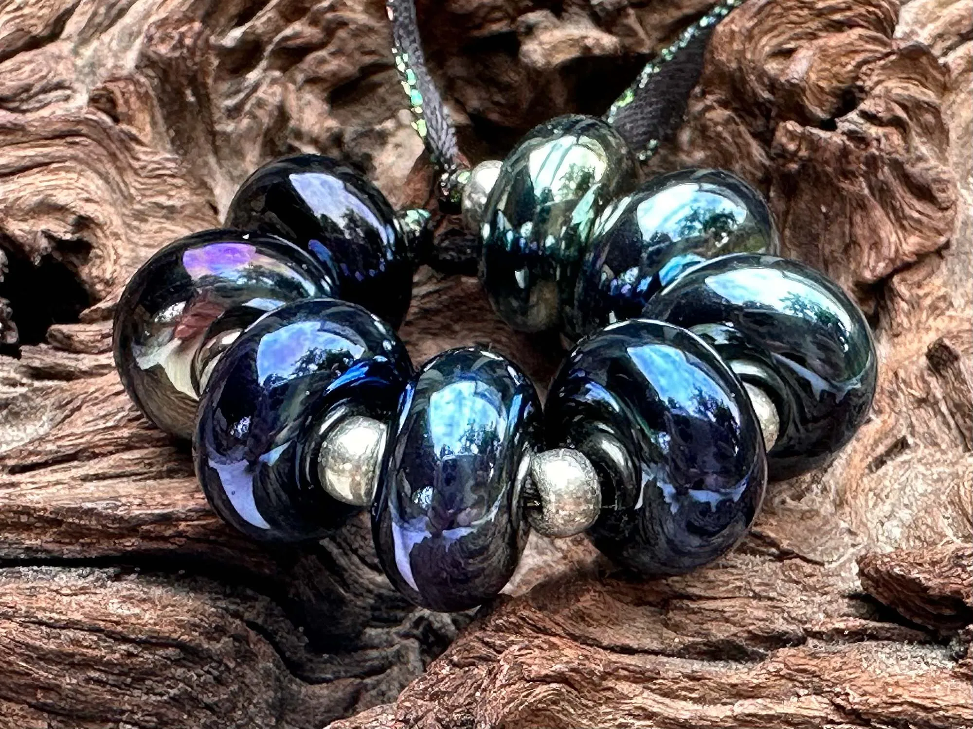 8 Deep Blue Metallic Lampwork Beads Set SRA