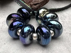 8 Deep Blue Metallic Lampwork Beads Set SRA