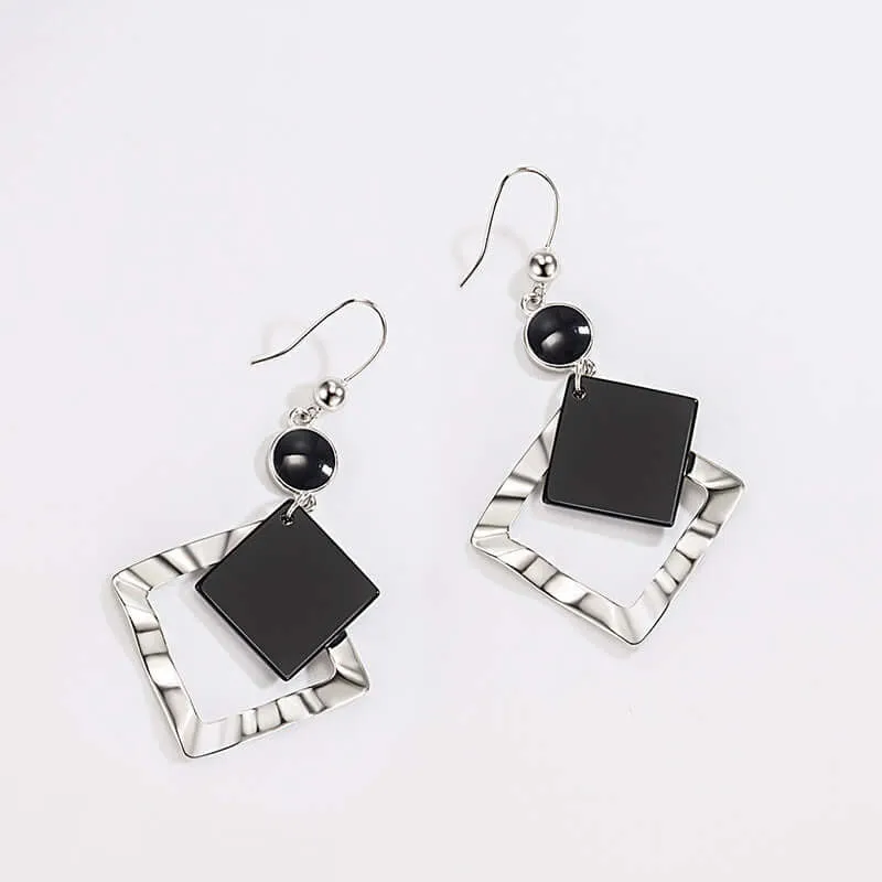 925 Silver Irregular Beautiful Black Agate Earrings