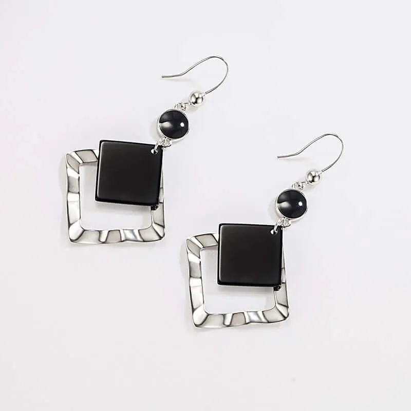 925 Silver Irregular Beautiful Black Agate Earrings