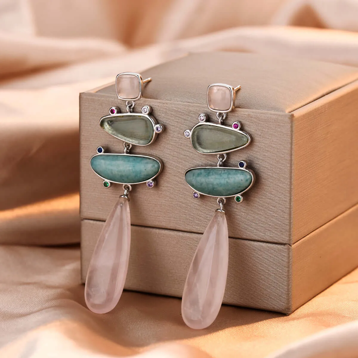 925 Silver Turquoise Rose Quartz Long Pendant Earrings