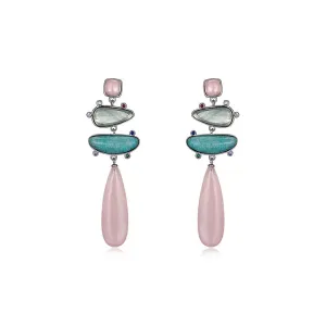 925 Silver Turquoise Rose Quartz Long Pendant Earrings