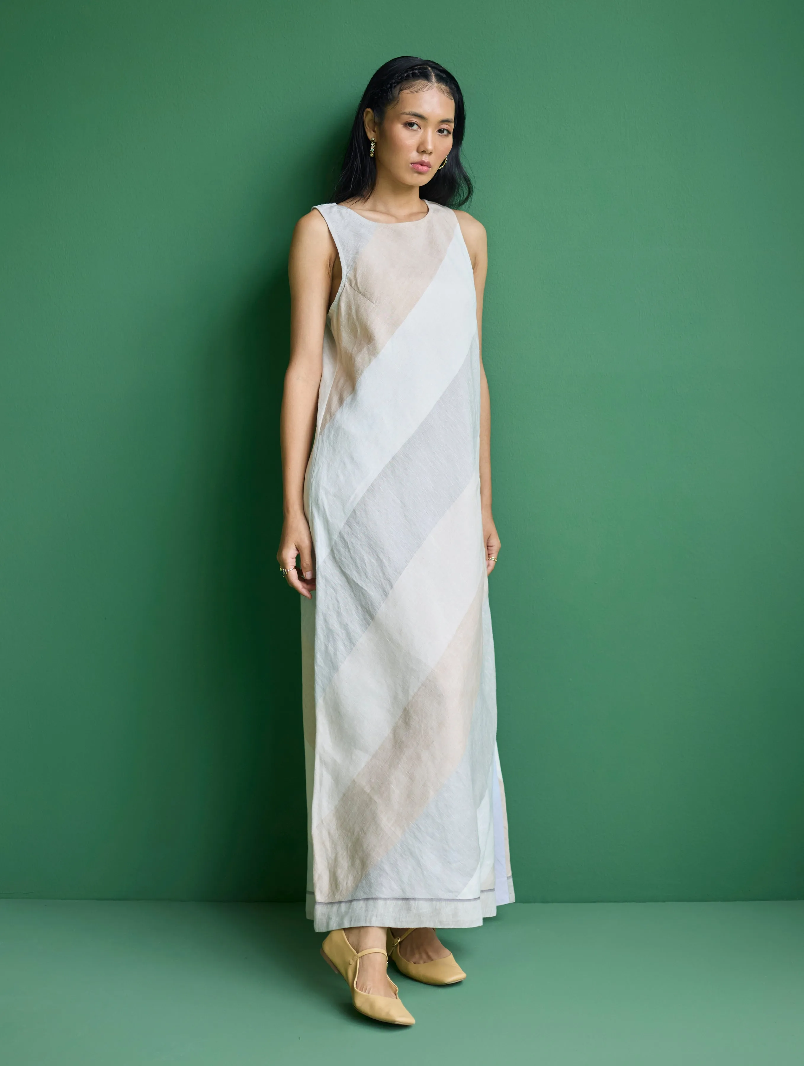 Akito Bias Linen Stripe Dress - Ivory