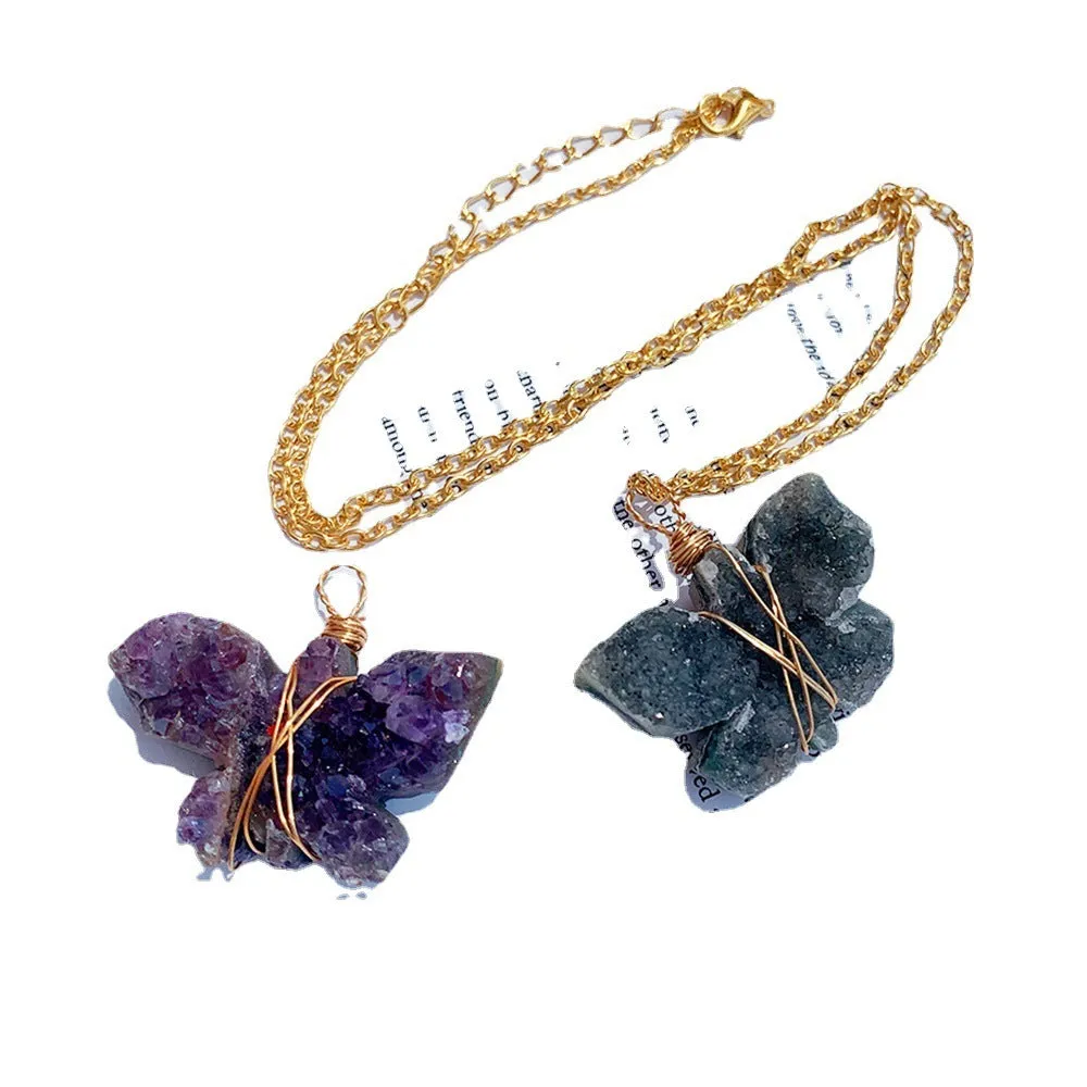 Amethyst Cluster Butterfly Necklace Pendant