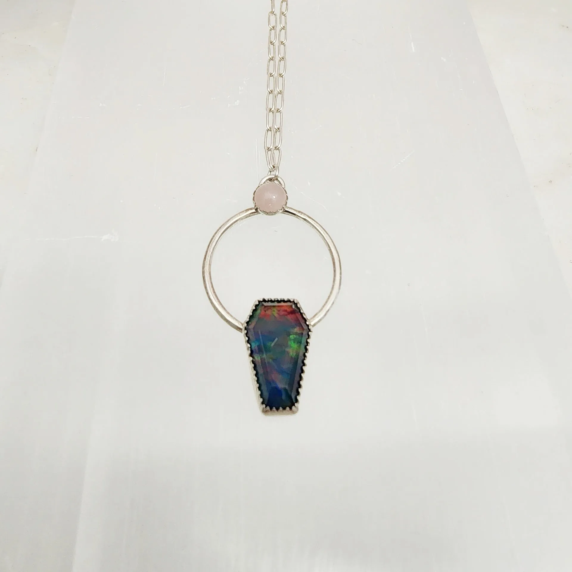 Aurora Opal Coffin and Rose Quartz Gemstone necklace in Sterling Silver