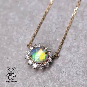 Australian Semi-Black Opal Halo Diamond Necklace 18K Yellow Gold