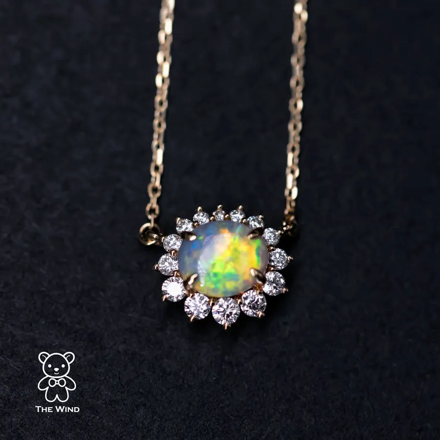 Australian Semi-Black Opal Halo Diamond Necklace 18K Yellow Gold