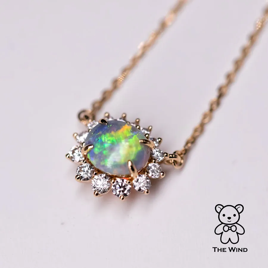 Australian Semi-Black Opal Halo Diamond Necklace 18K Yellow Gold