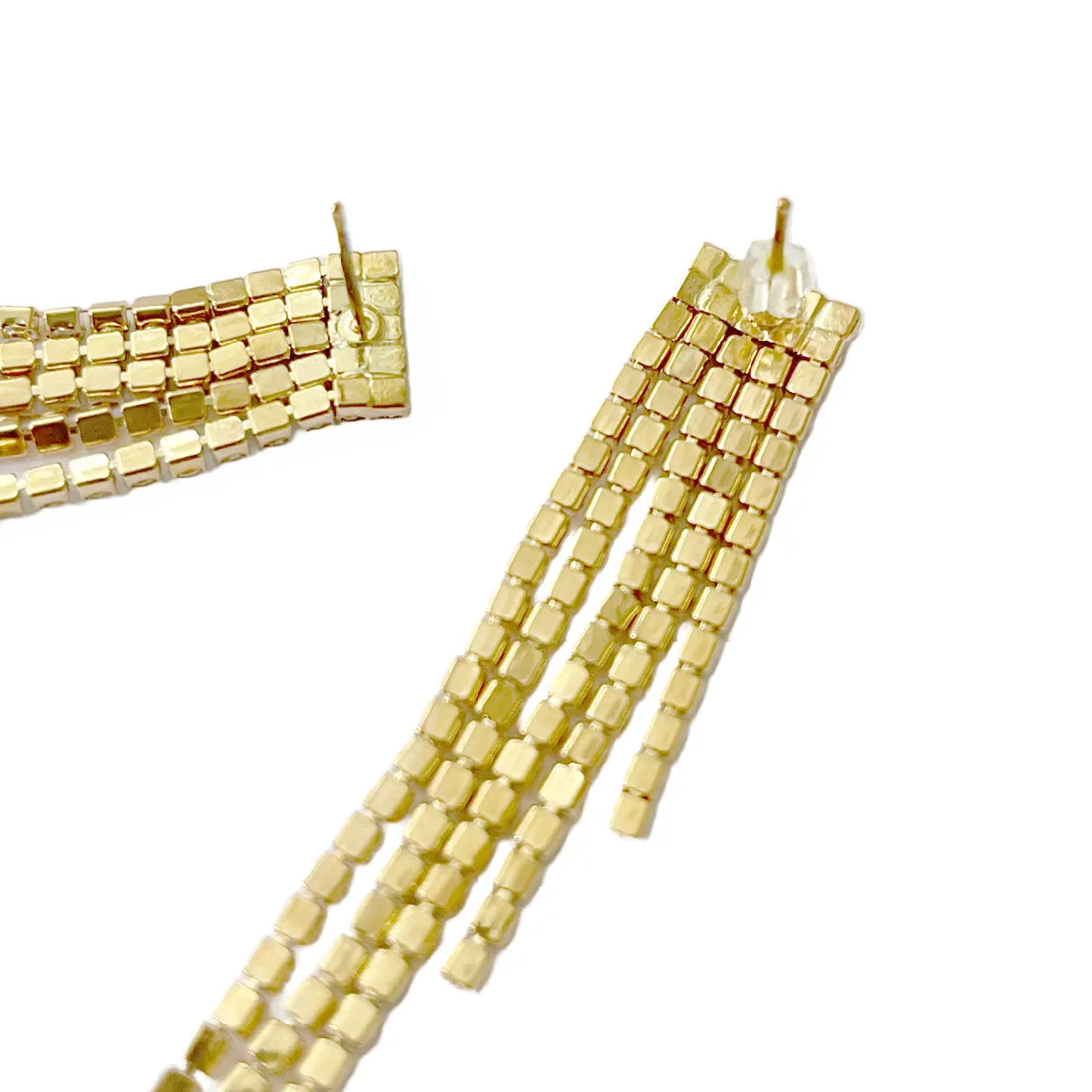 Ayesha Contemporary White Diamante Crystal Studded Gold-Toned Long Asymmetric Tassel Drop Earrings