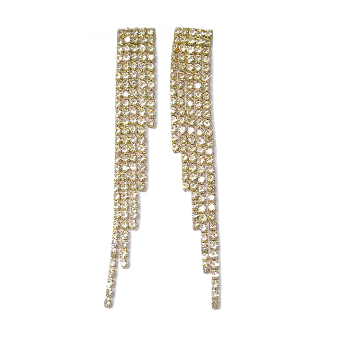 Ayesha Contemporary White Diamante Crystal Studded Gold-Toned Long Asymmetric Tassel Drop Earrings