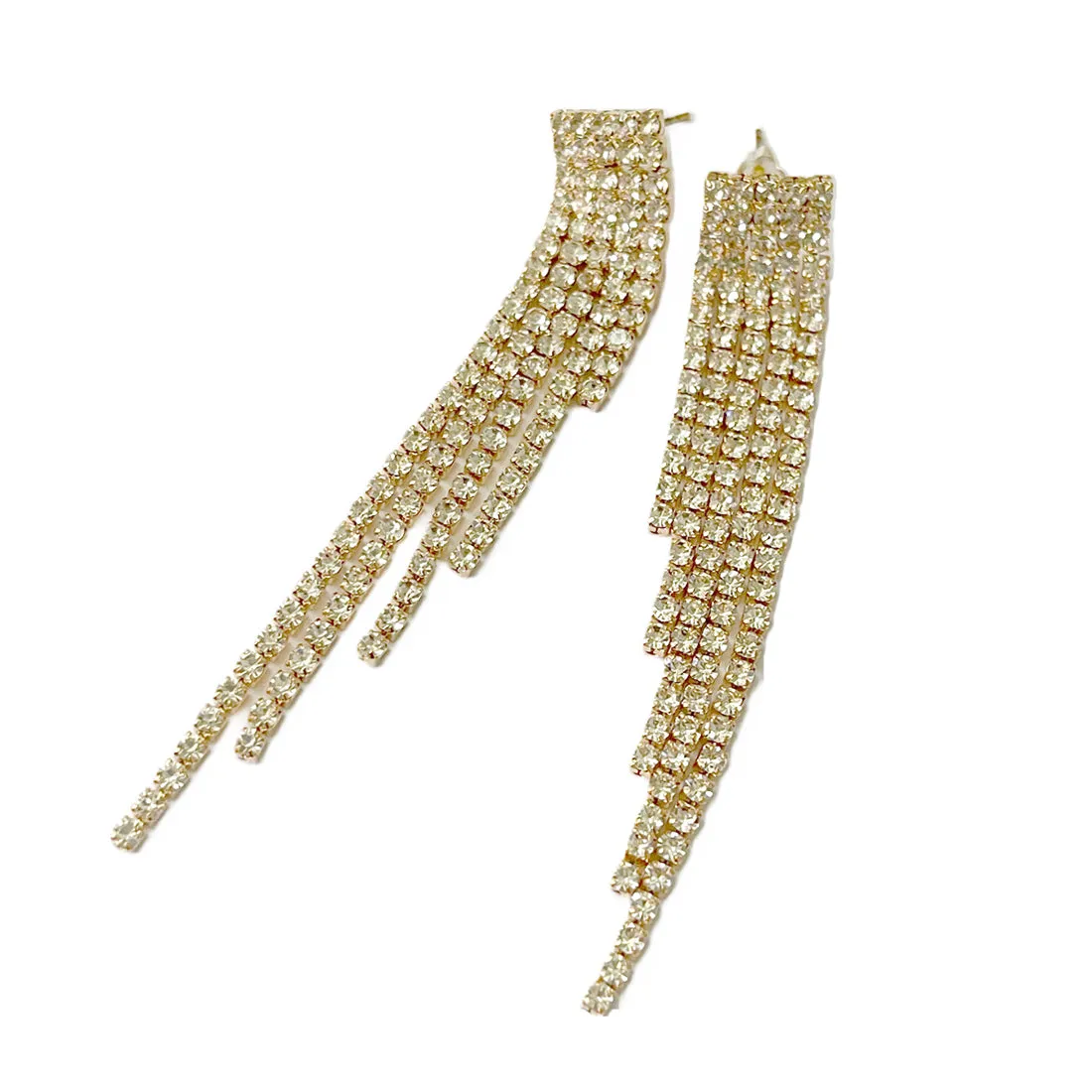 Ayesha Contemporary White Diamante Crystal Studded Gold-Toned Long Asymmetric Tassel Drop Earrings