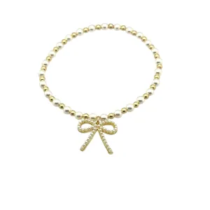 bara boheme - "MAY   FWP BOW" Charm Gold Filled & Pearl Beaded Bracelet: 14K Gold Filled beads / Stretchy 7"