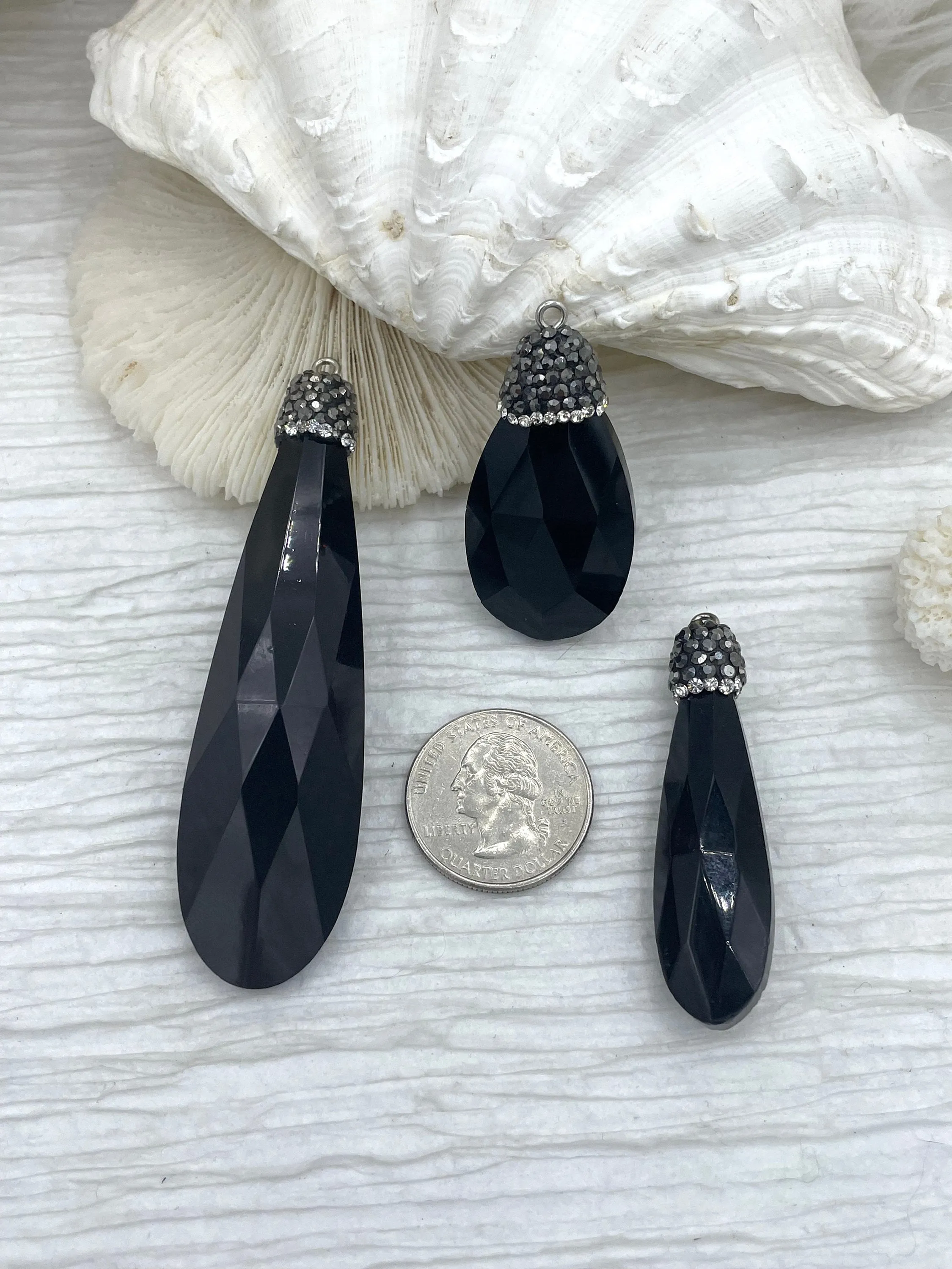 Black Teardrop Shape Crystals with CZ. Teardrop Soldered Charm with silver bail, Drop Soldered Pendants w/CZ, 3 Styles. Fast Shipping