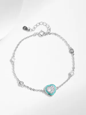 Blue Enamel Heart Bracelet, Cubic Zirconia Waterproof Luxury Love Heart Dainty Bracelet