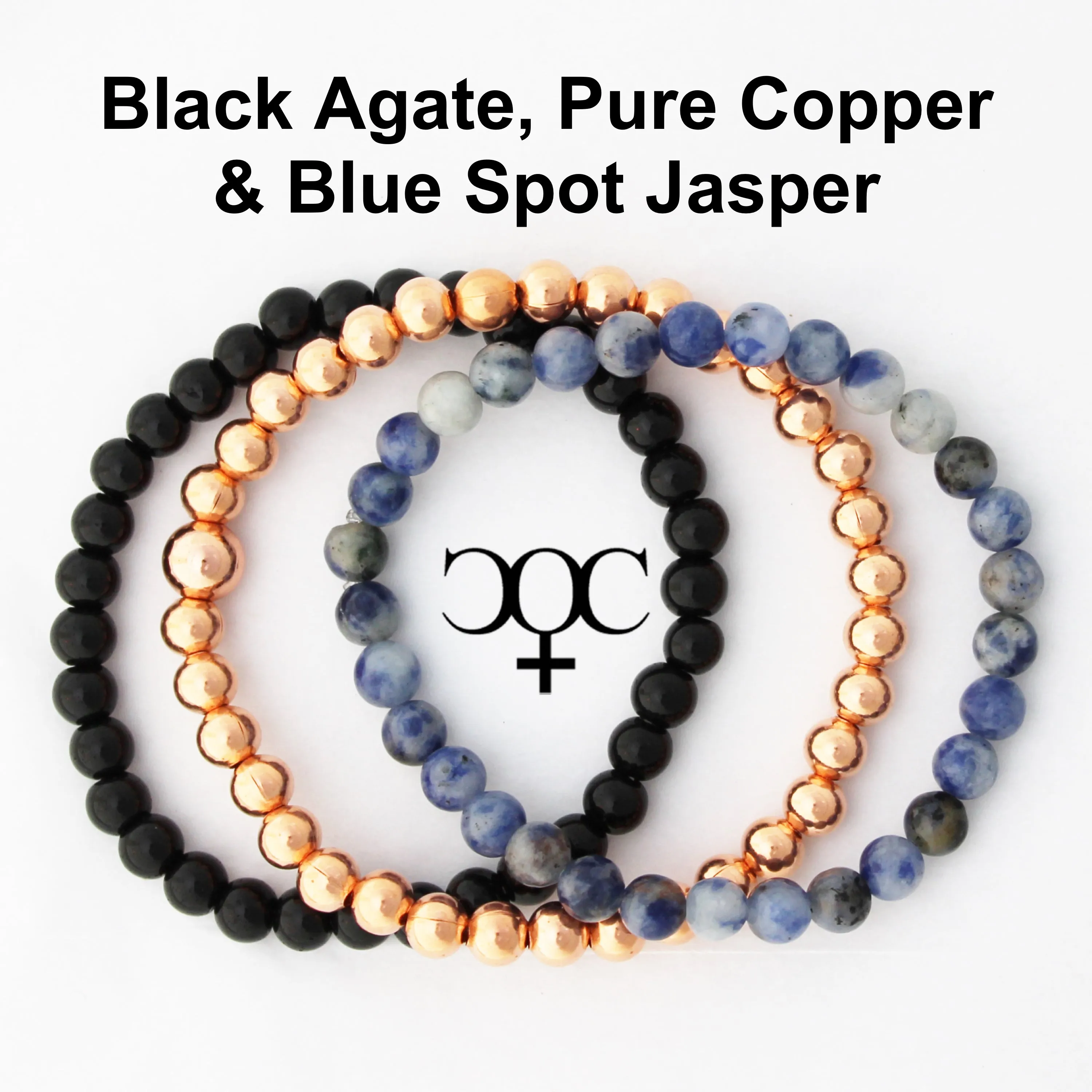 Blue Spot Jasper Copper Bracelet Set Round Beaded Elastic Black Agate Copper Bracelets 3 Piece Set