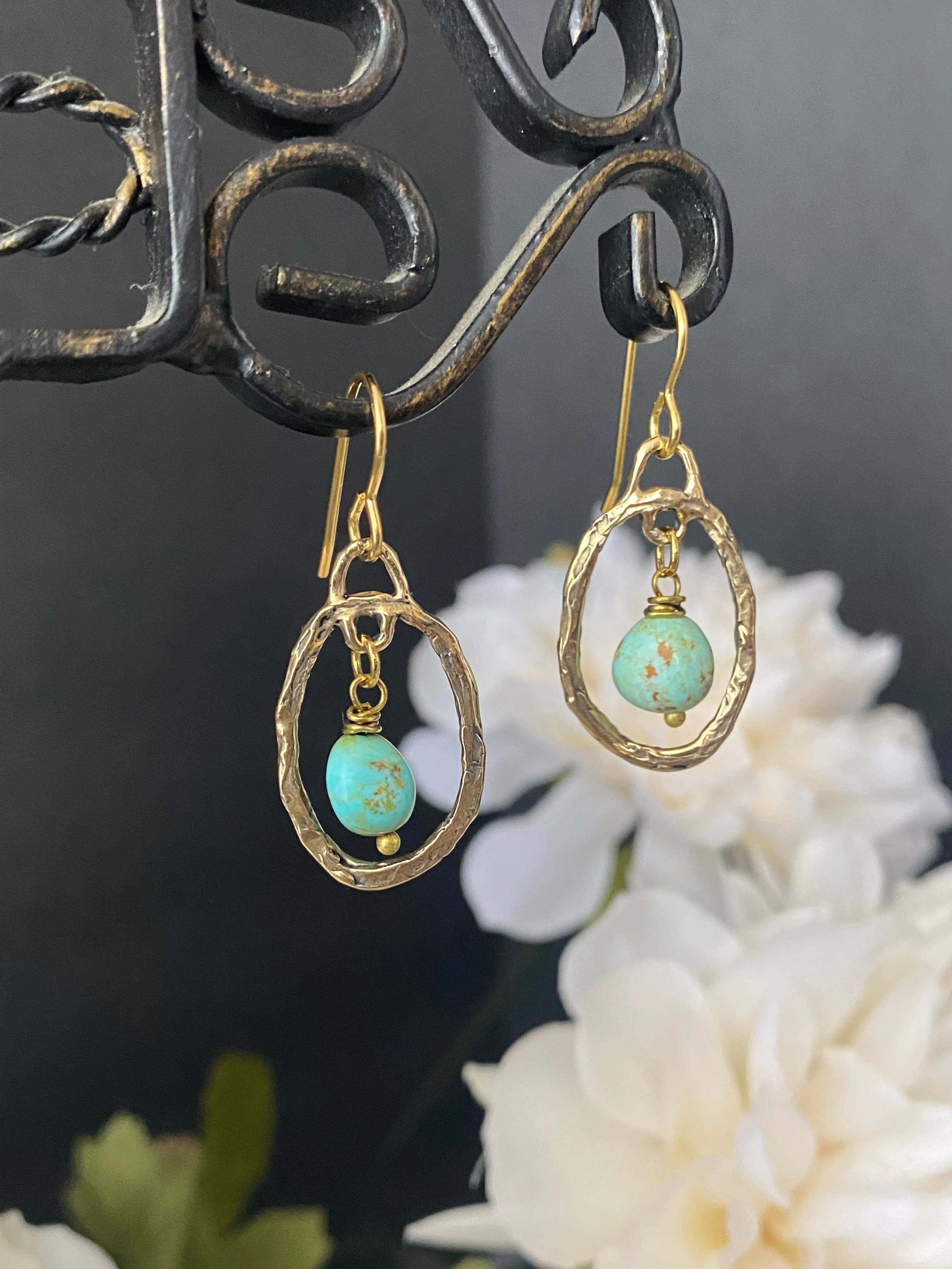 Bronze handmade charms with Kingman turquoise, brass metal, earrings