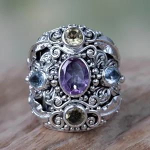 Butterfly Queen Balinese Amethyst and Blue Topaz Silver Cocktail Ring