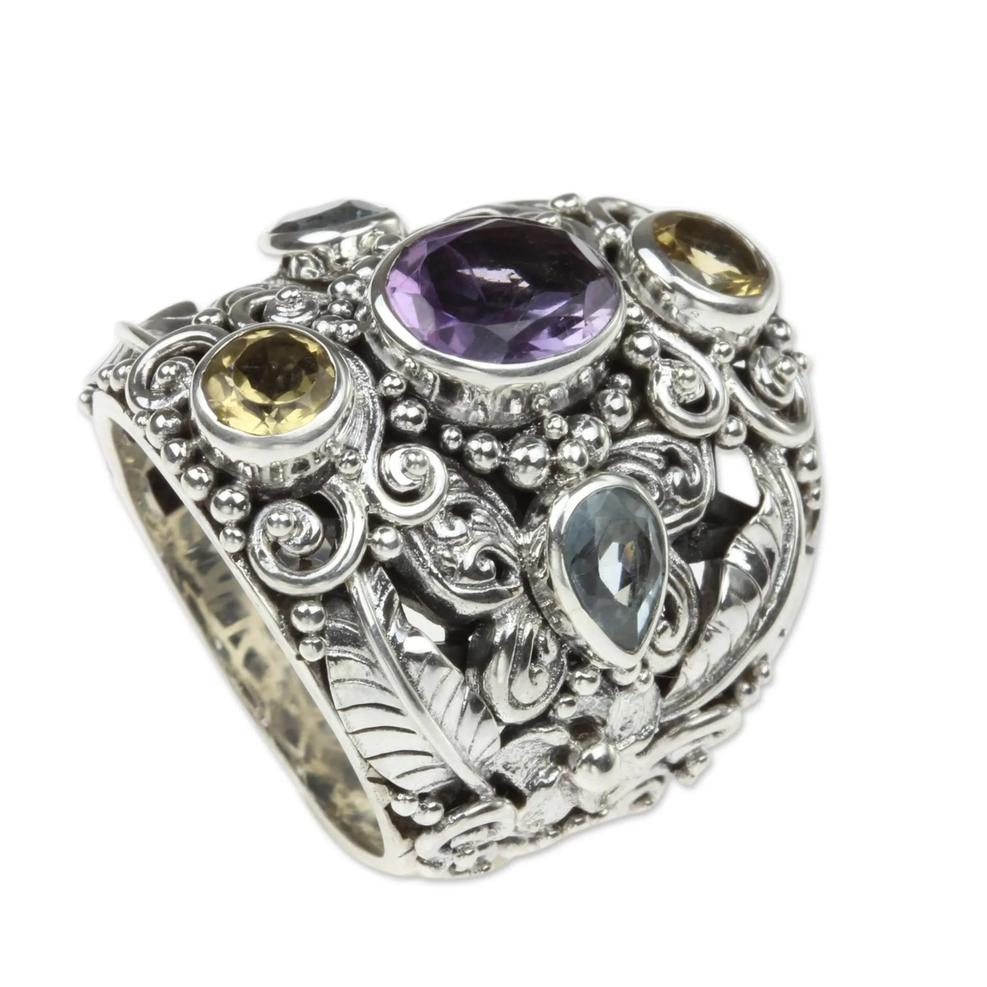 Butterfly Queen Balinese Amethyst and Blue Topaz Silver Cocktail Ring