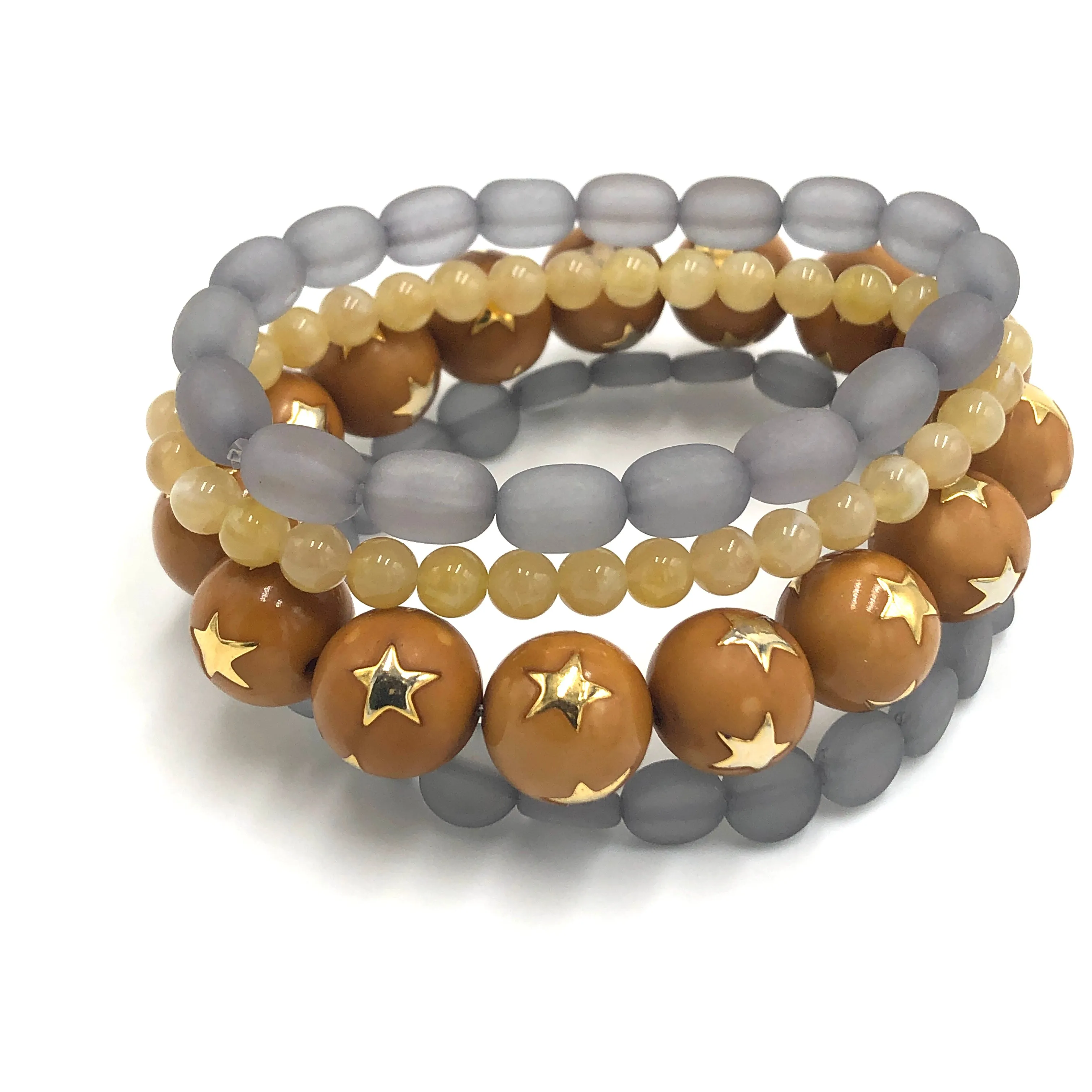 Caramel & Grey Star Stack & Stretch Bracelets Set