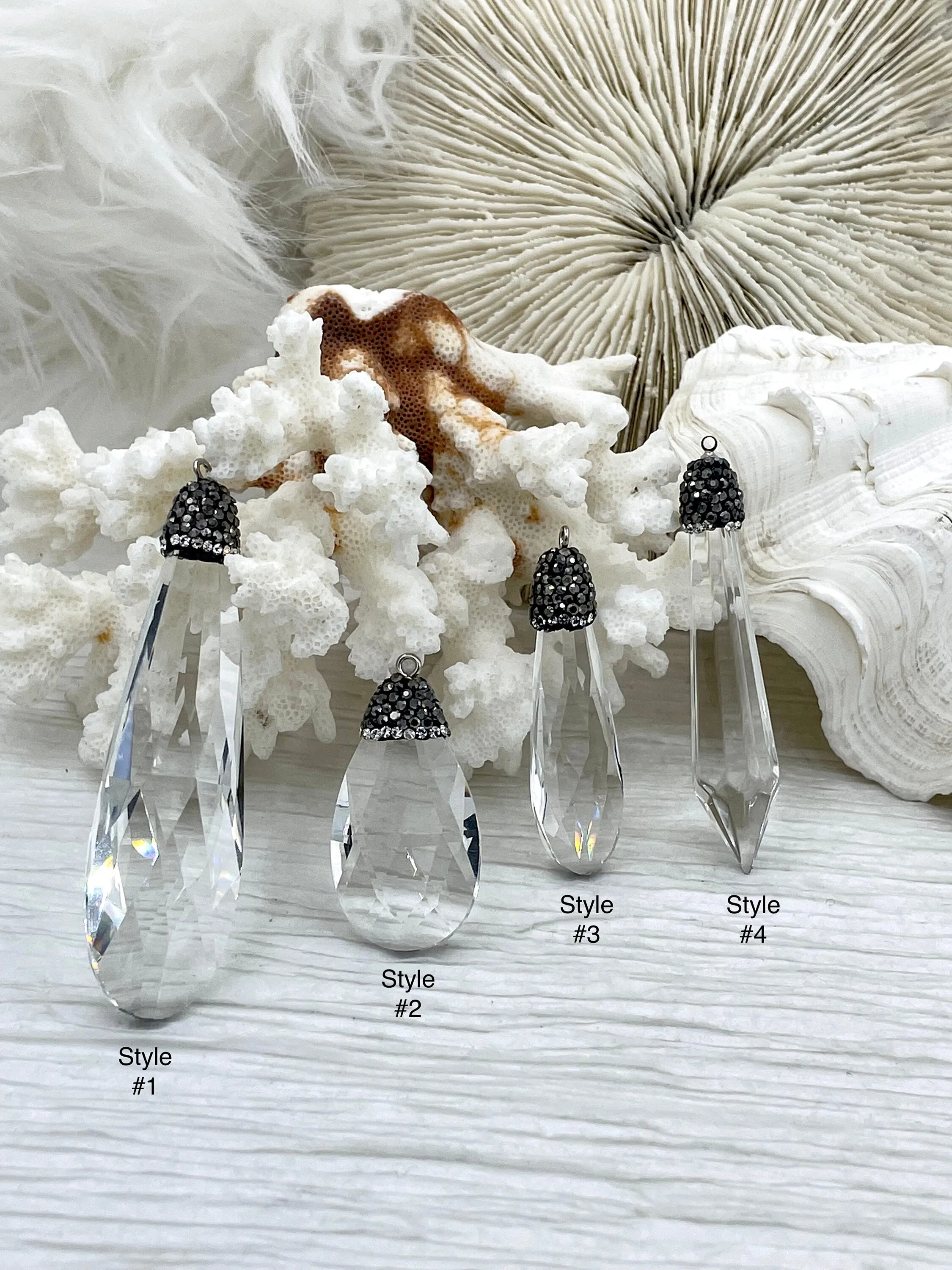 Clear Crystal Pendants and charms with Clear and Gunmetal Cubic Zirconia. 4 Styles of Charms and Pendants, Clear Crystal. Fast Shipping