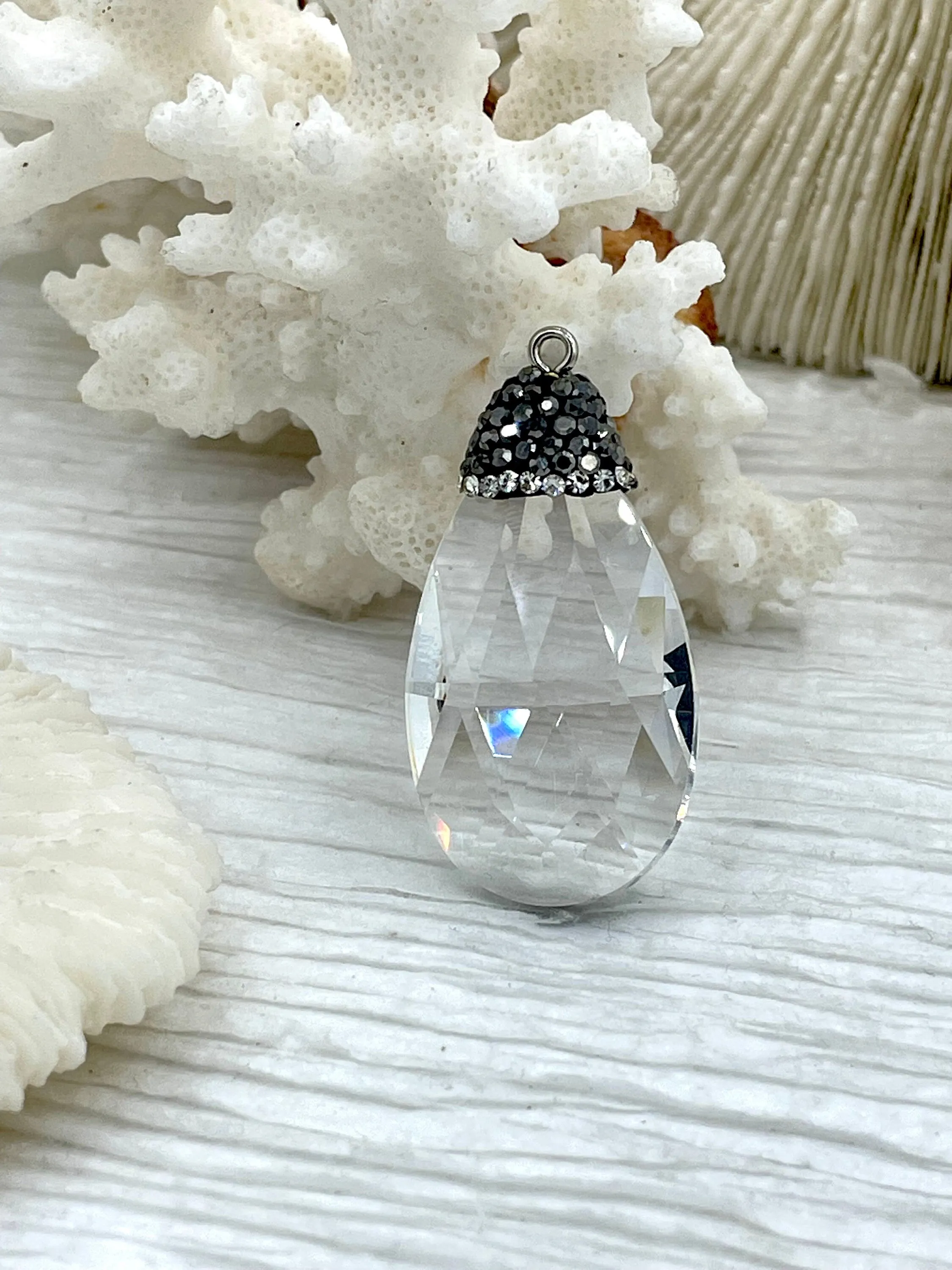 Clear Crystal Pendants and charms with Clear and Gunmetal Cubic Zirconia. 4 Styles of Charms and Pendants, Clear Crystal. Fast Shipping