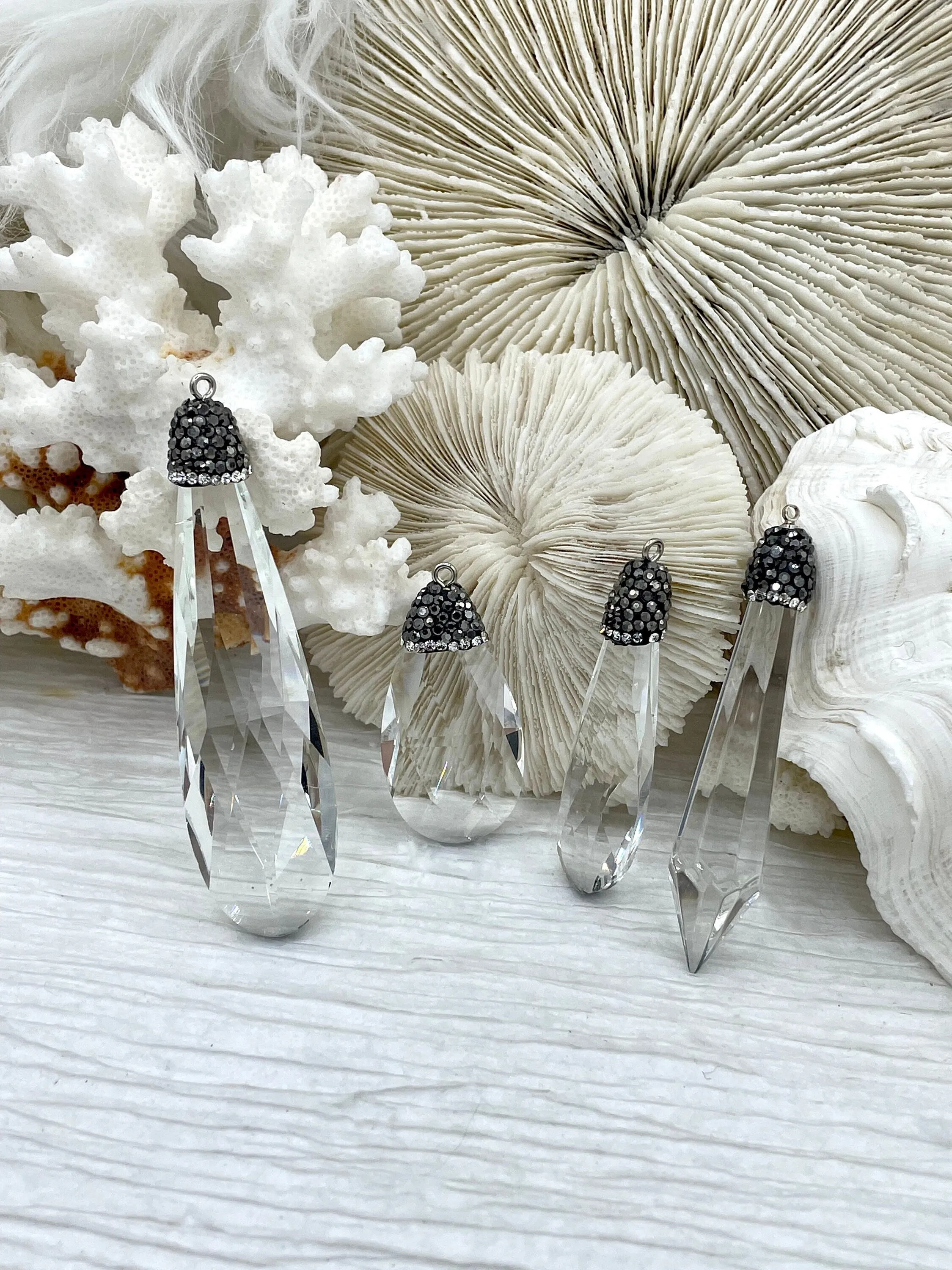 Clear Crystal Pendants and charms with Clear and Gunmetal Cubic Zirconia. 4 Styles of Charms and Pendants, Clear Crystal. Fast Shipping