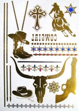 Cowgirl Metallic Temporary Tattoos Gold Longhorn Cattle Roping Cowboy Boots Cowboy Hat Six Shooter Stars Fleur De Lis Stars Cross