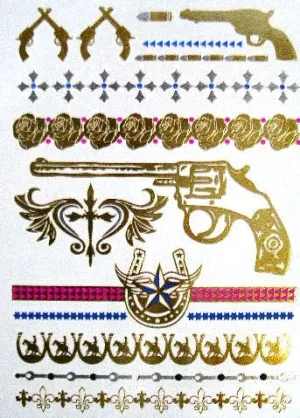 Cowgirl Metallic Temporary Tattoos Gold Six Shooters Guns Horseshoes Roses Horse Riders Fleur De Lis Crosses Bullets Arrows Stars