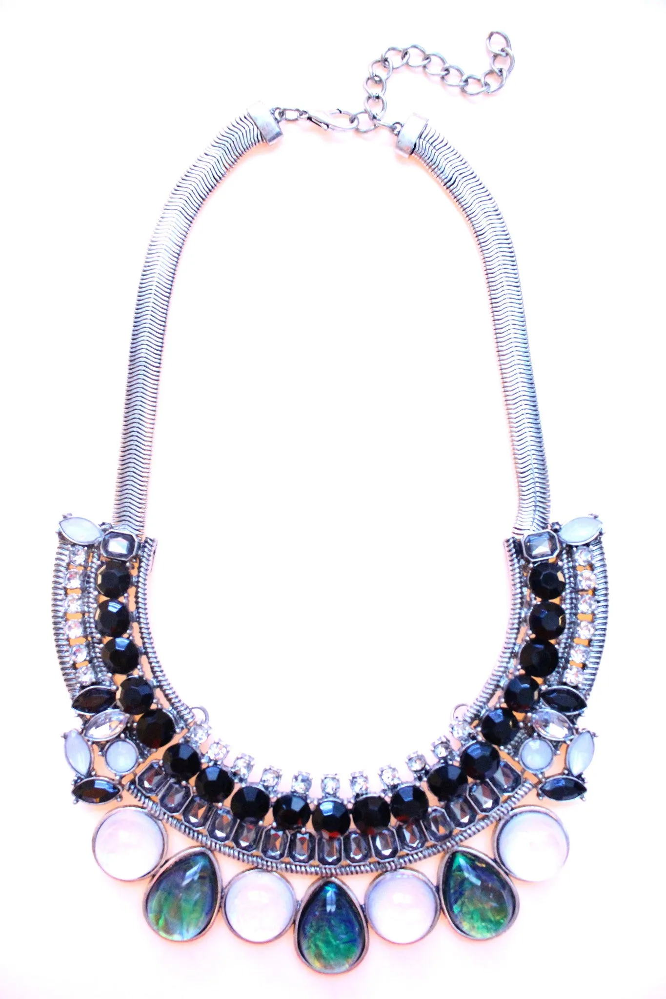 Crystal & Opal Bib Statement Necklace- Black & Silver