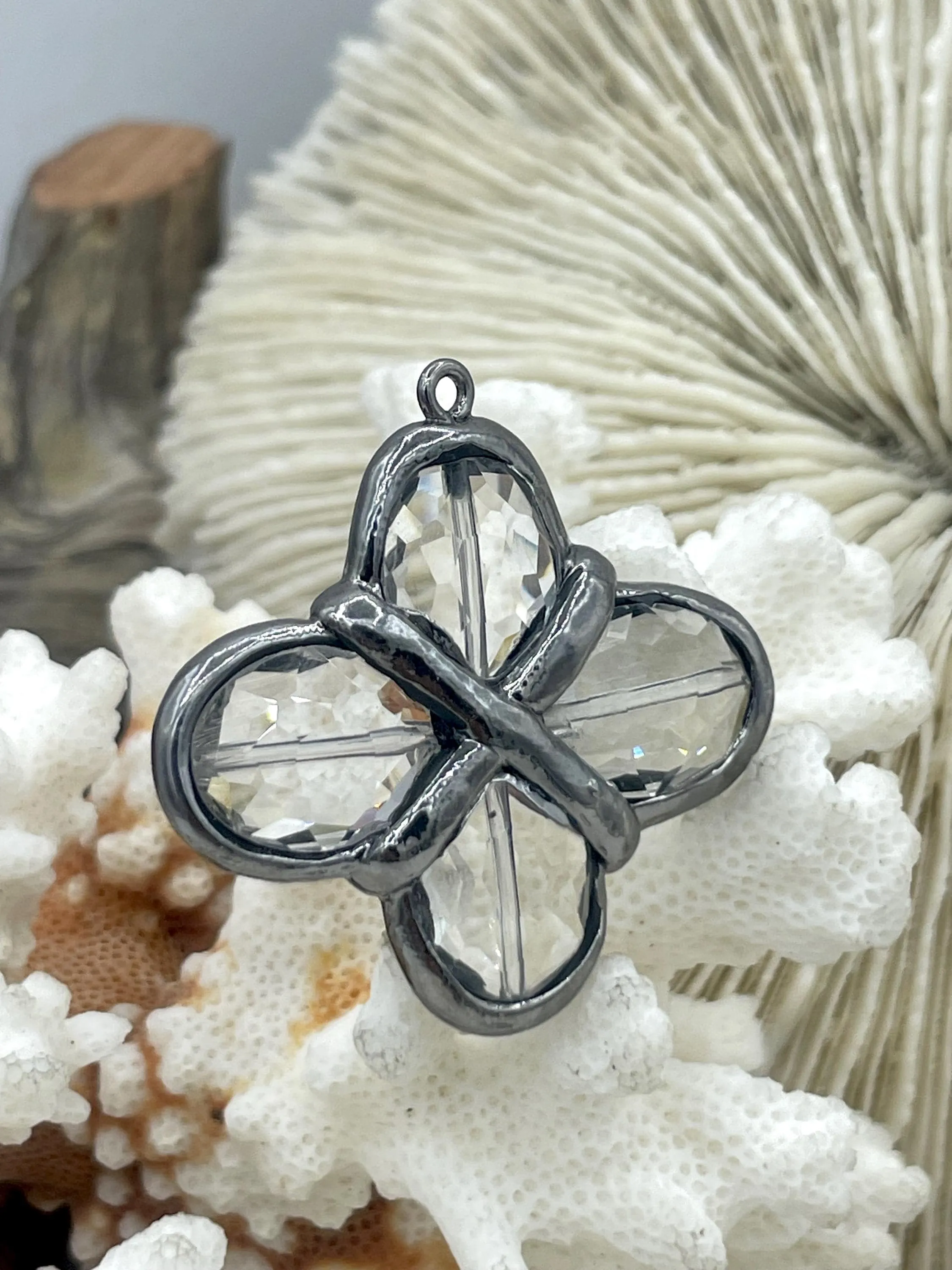 Crystal Gunmetal Soldered Pendants and Charms. 2 styles to choose from. Gunmetal Soldered Crystals, Teardrop & Cross Shape. Fast Shipping