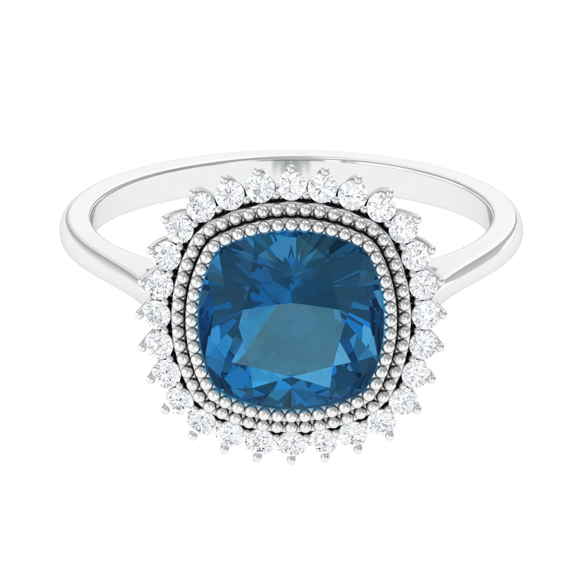 Cushion Cut London Blue Topaz Statement Engagement Ring with Diamond Halo