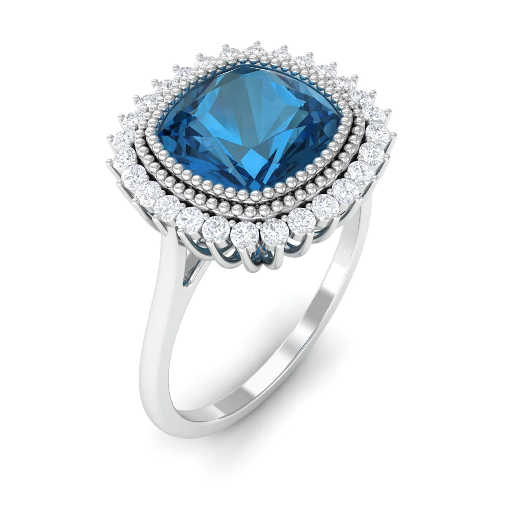 Cushion Cut London Blue Topaz Statement Engagement Ring with Diamond Halo