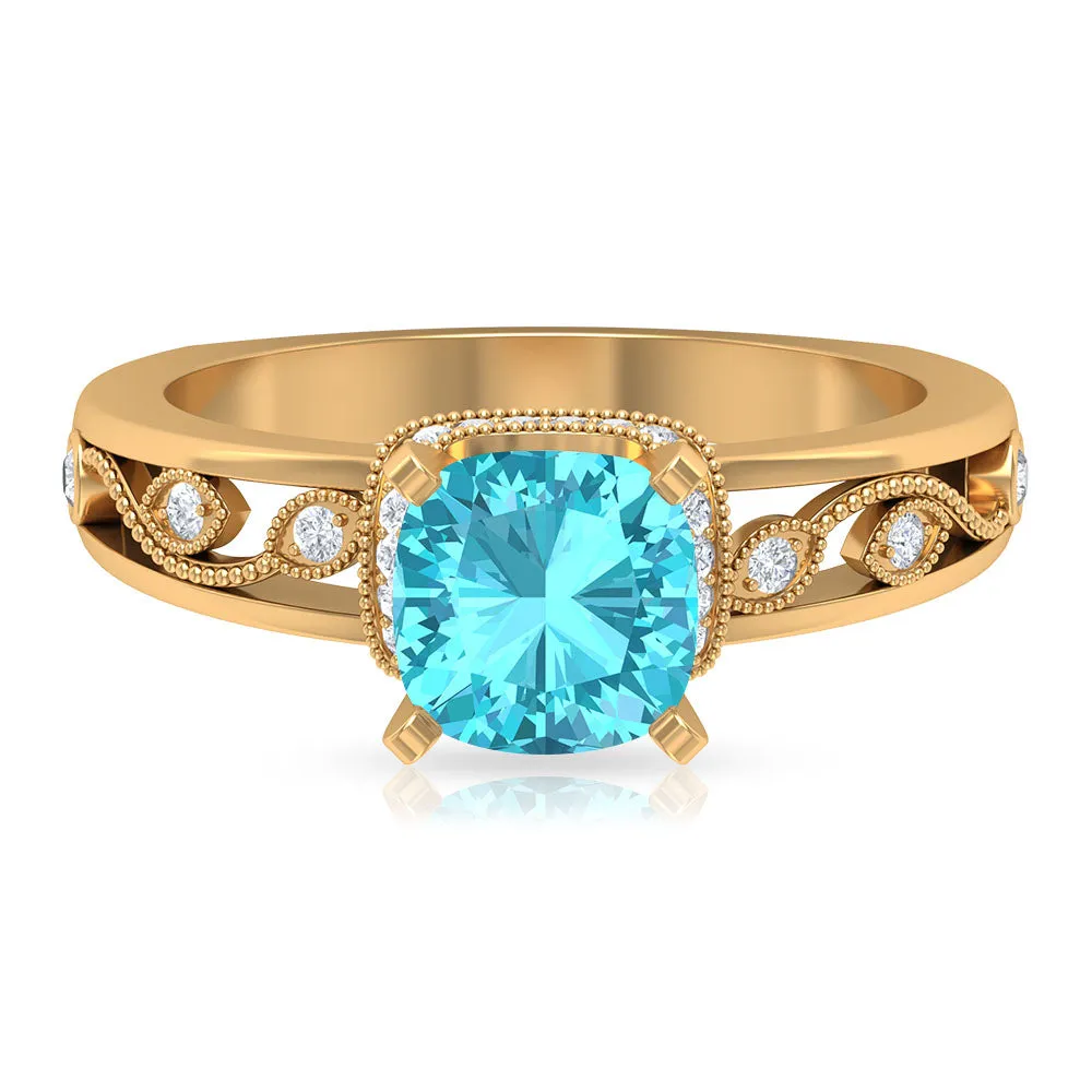 Cushion Cut Swiss Blue Topaz Solitaire Ring with Diamond Accents and Milgrain Details