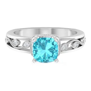 Cushion Cut Swiss Blue Topaz Solitaire Ring with Diamond Accents and Milgrain Details