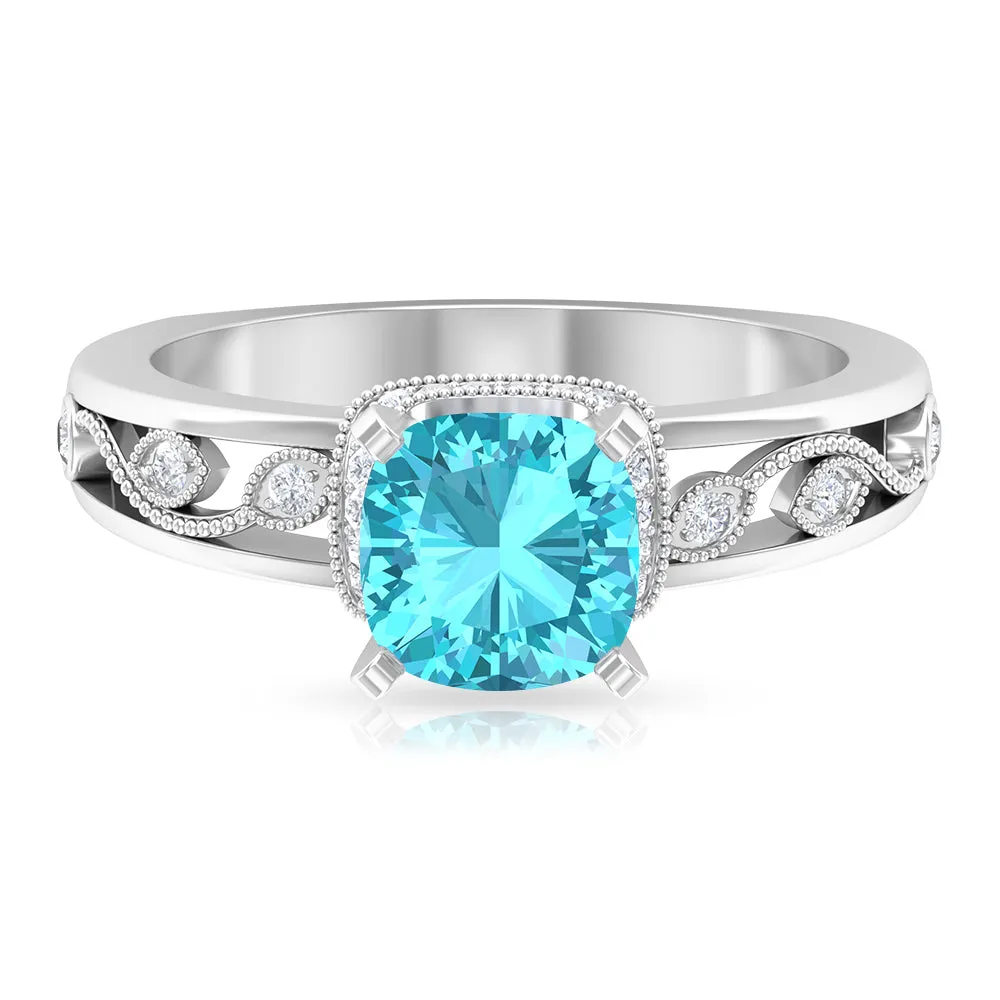 Cushion Cut Swiss Blue Topaz Solitaire Ring with Diamond Accents and Milgrain Details